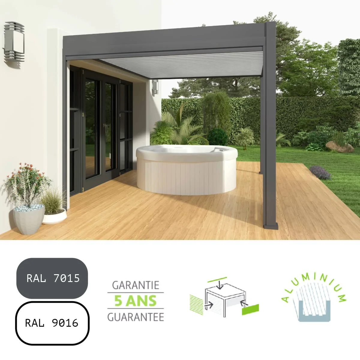 Pergola bioclimatique adossée BICOLORE 3x4m (10x13 pi)