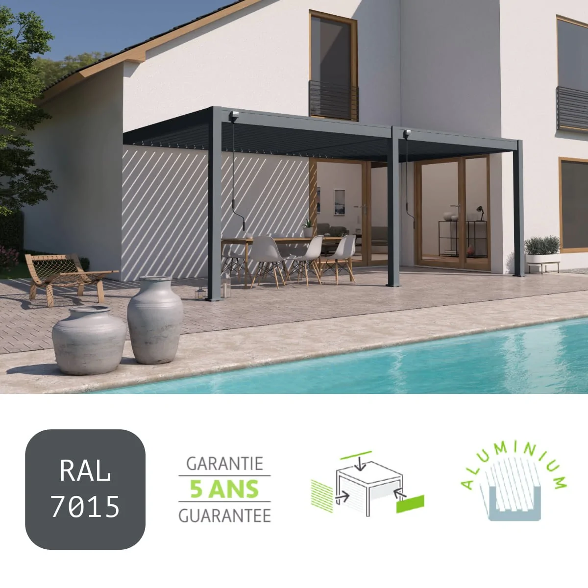 Pergola bioclimatique adossée anthracite 3x6m (10x20 pi)