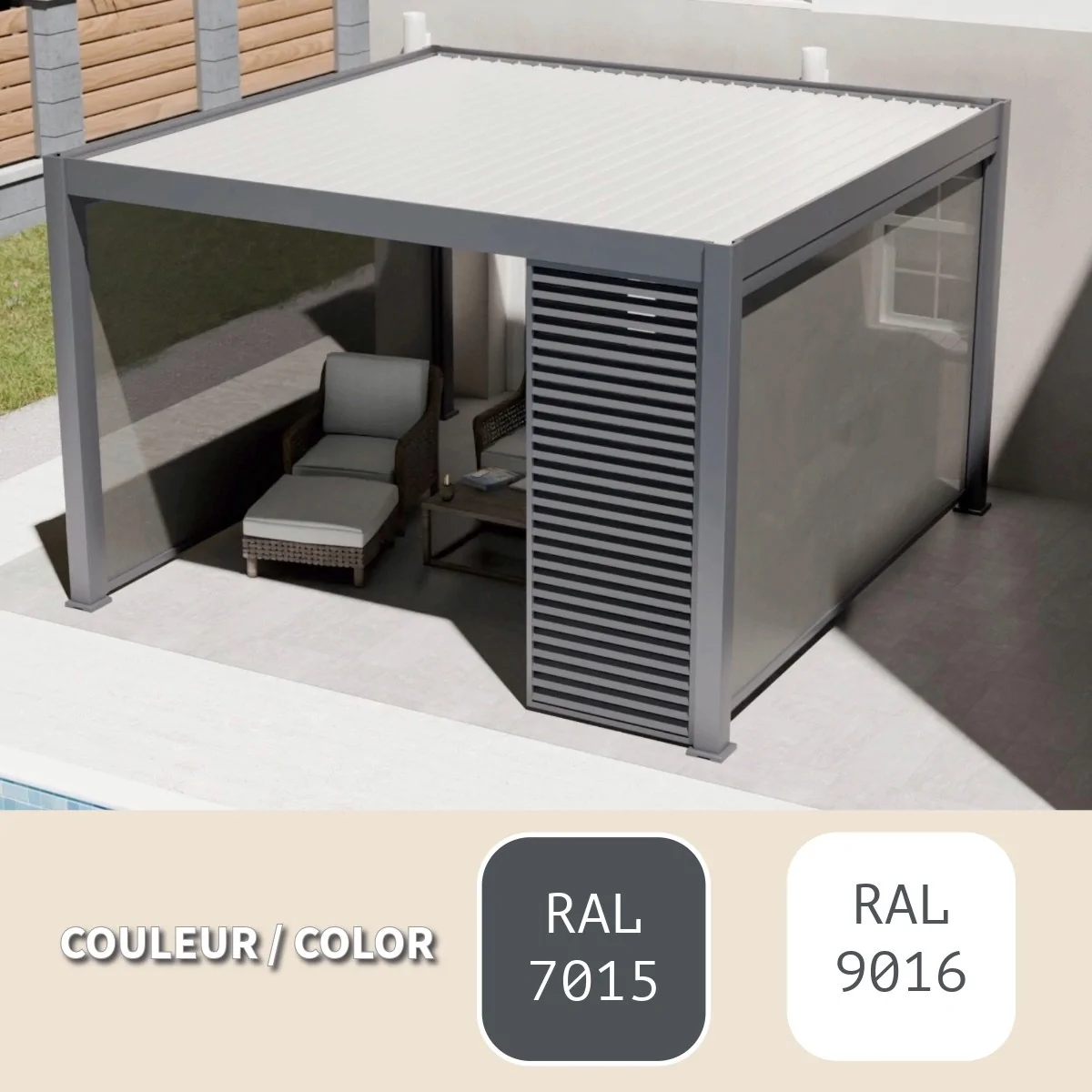 Formule Premium 13x13 Bicolore Motorisée  + 2 stores + 1 Brise-vue + 1 Chauffage